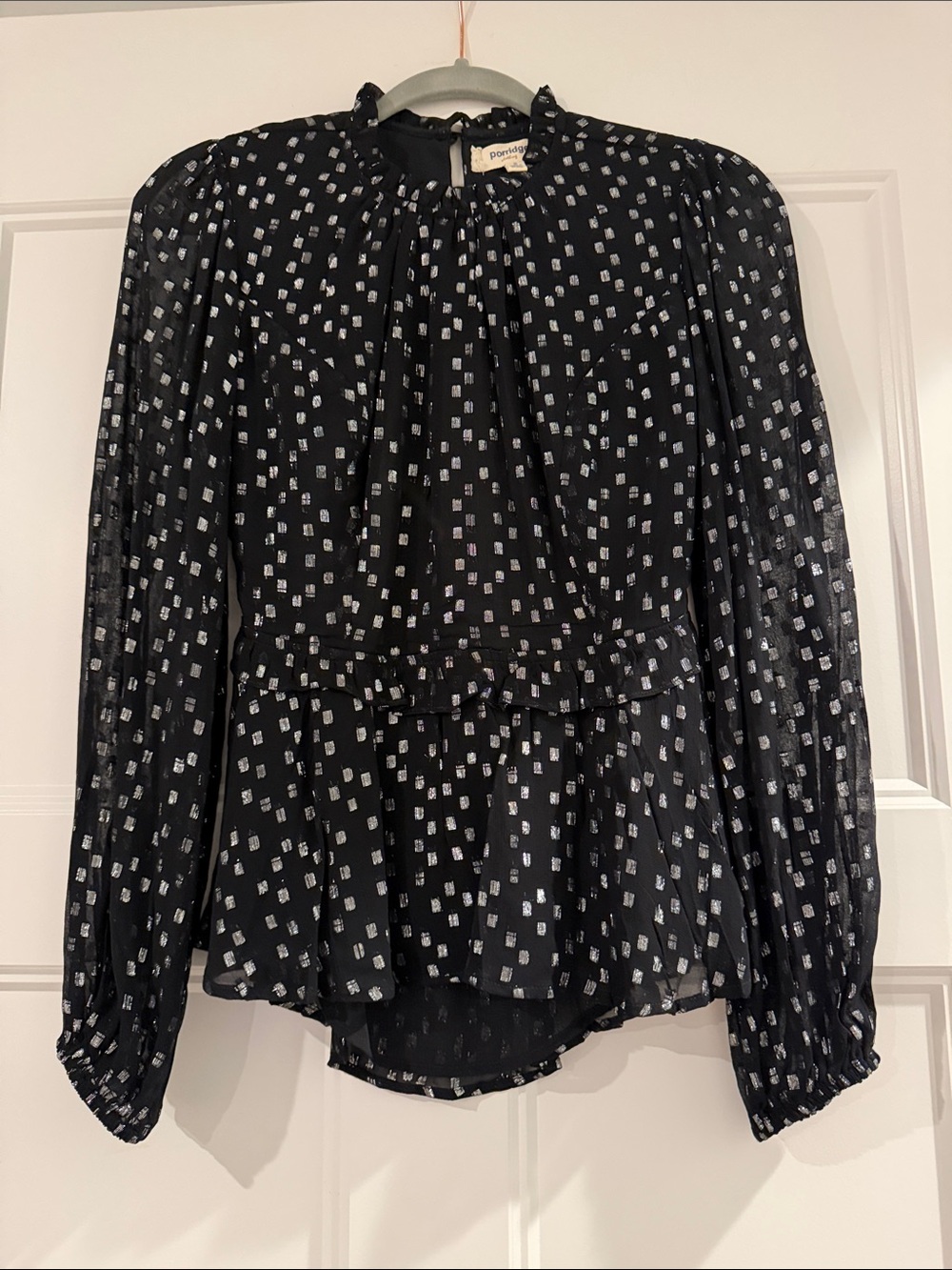 Black & Silver Peplum Blouse with Ruffle Detail & Open Back - size S